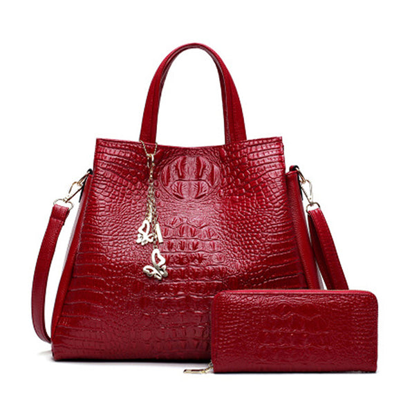 Women Fashion 2 PCS Crocodile Handbag Shoulder Bag Crossbody Bag Wallet Large Capacity