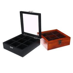 Nature Wooden Tea Coffee Display Holder Box with 9 Grid Glass Lid Storage Container