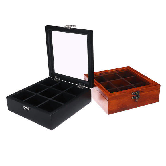 Nature Wooden Tea Coffee Display Holder Box with 9 Grid Glass Lid Storage Container