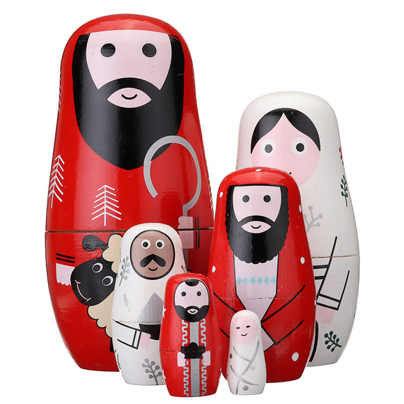 6PCS Wooden Jesus Christmas Russian Doll Matryoshka Nesting Toy Gift Home Decor