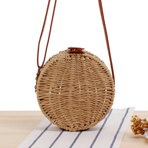 Women Round Woven Straw Crossbody Bag Solid Beach Bag