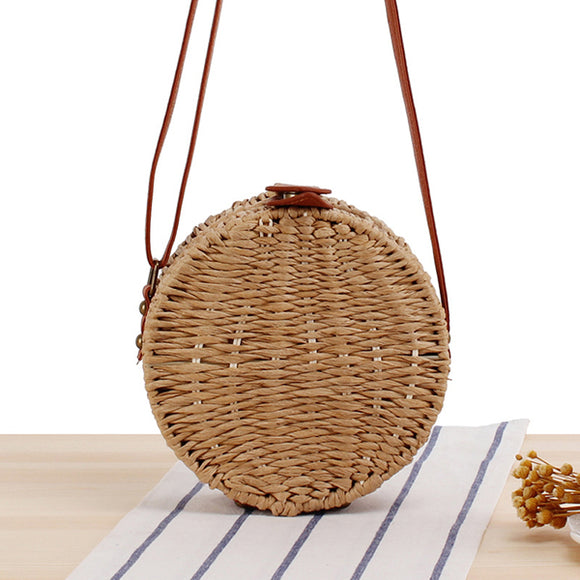 Women Round Woven Straw Crossbody Bag Solid Beach Bag