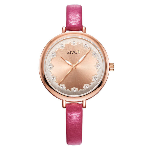 ZIVOK 8007 Flower 3D Dial Case Display Women Watches Leather Strap Quartz Watch