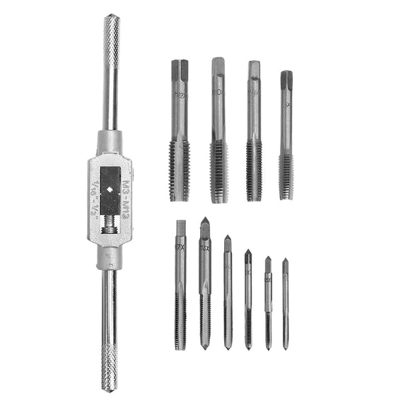 Drillpro M3-M12 Adjustable Tap Spanner with 10pcs Mini Screw Hand Tap Set