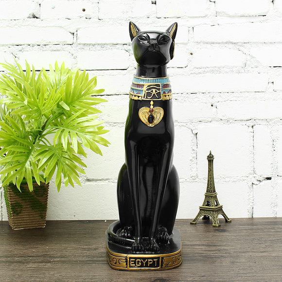 15'' Vintage Egyptian Bastet Cat Goddess Resin Figurine Black Cat Pharaoh Statue Decorations