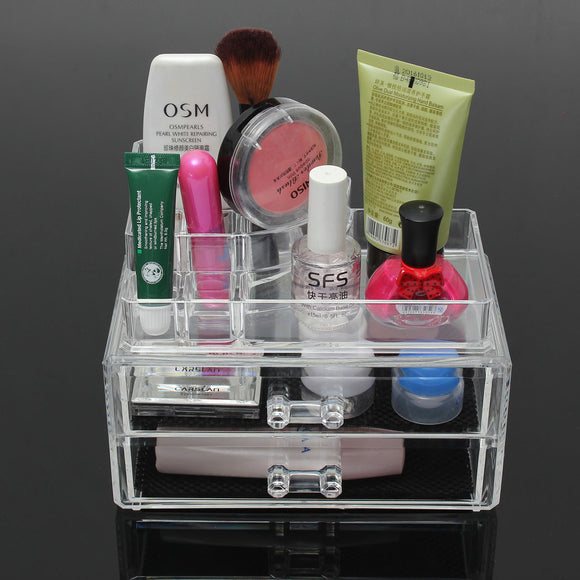 2 Drawer Clear Acrylic Cosmetic Organizer Storage Container Brushes Holder Table