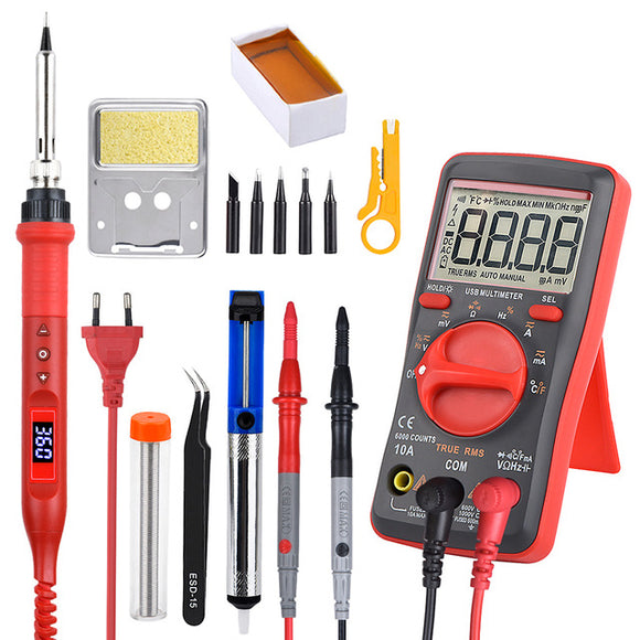 JCD 908U Electric Soldering Iron 100W 220V/110V LCD Lighting Soldeing Station Adjustable Temperature Digital 8000 Counts Auto Range Multimeter Repair Kit with Solder Sucker Holder Tweezer