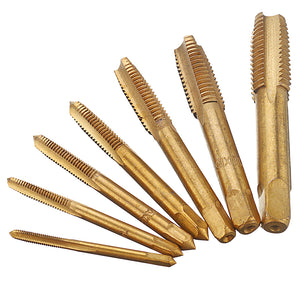 Drillpro 7pcs M3-M12 Machine Screw Plug Tap Steel Titanium Coated Straight Flute Hand Tap