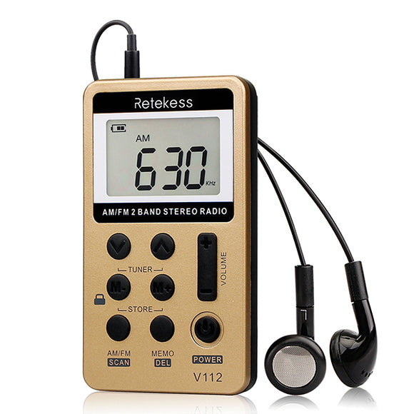 Retekess V-112 Gold Portable AM FM Stereo Radio with Earphones Pocket Digital Battery Operated Radio