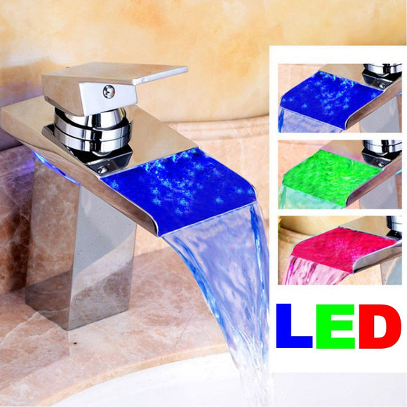 LED Brass Finish Bathroom Faucet Kitchen Tap Bathtub Sink Mix Glass Waterfall Single Handle