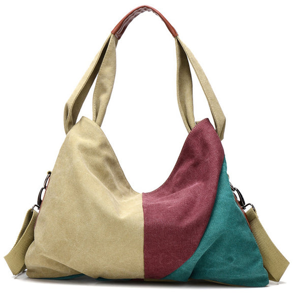 Women Canvas Contrast Color Handbags Casual Shoulder Bags Capacity Hobo Shopping Crossbody Bags