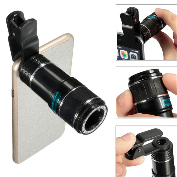 Universal 12X Zoom Optical Clip Telephoto Telescope Camera Lens For Tablet Cell Phone