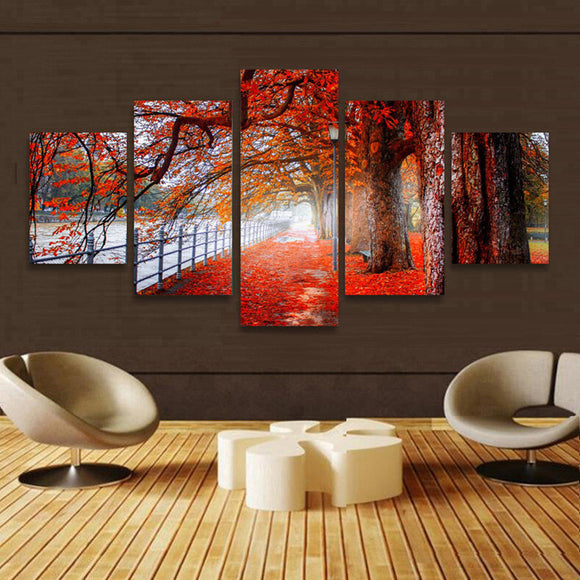5 Cascade Autumn Red Tree Abstract Canvas Wall Painting Picture Home Decoration Unframed