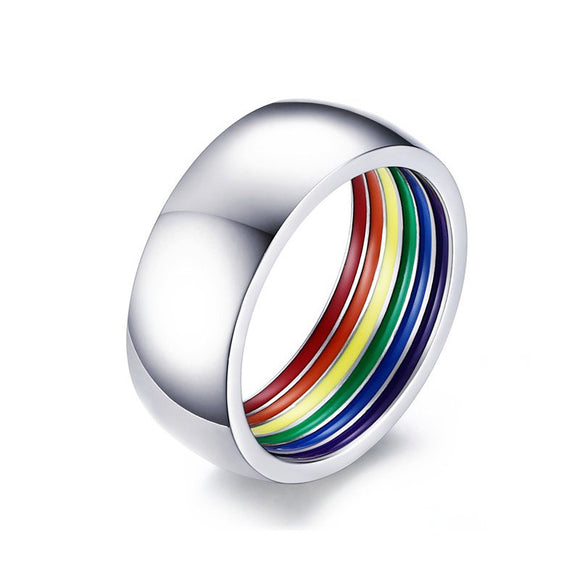 8mm Wide Trendy Colorful Inside Rainbow Stainless Steel Round Ring for Men