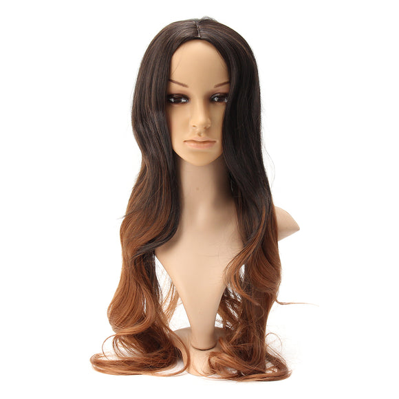 Women's Long Wavy Curly Hair Synthetic Wig Black Brown Ombre Cosplay Party Wig
