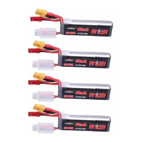 4Pcs URUAV 7.6V 450mAh 80C/160C 2S HV 4.35V Lipo Battery XT30 Plug for FPV Racing Drone