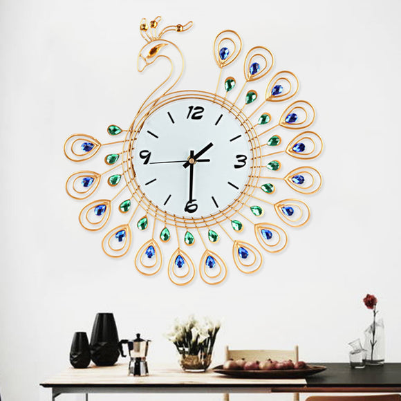 Large 3D Gold Diamond Peacock Wall Clock Metal Watch For Home Living Room Decoration DIY Clocks Crafts Ornaments Gift 53x53cm