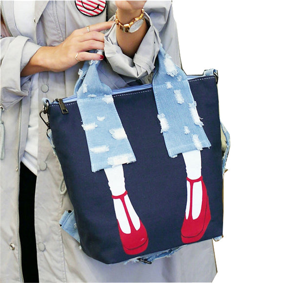 Women Multifunctional Interesting Handbag Canvas Denim Print Vintage Backpack Shouleder Bag