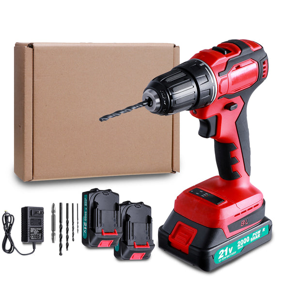 2000mAh 21+1N.M LED Cordless Electric Drill 2 Speeds Impact Drill W/ None/1pc/2pcs Battery