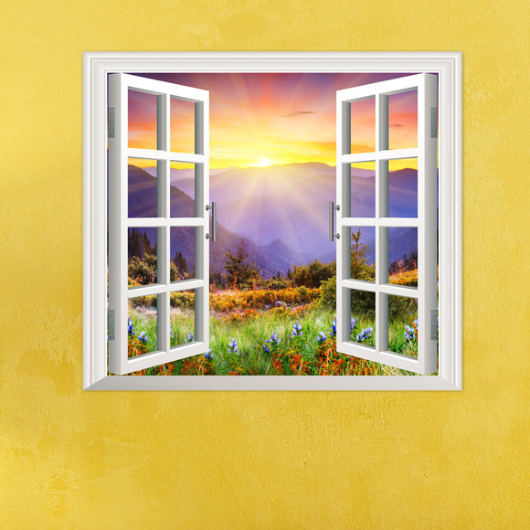 Sunrise 3D Artificial Window PAG Wall Decals Hill View Room Stickers Home Wall Decor Gift