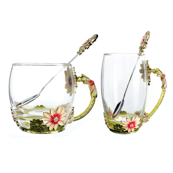 4Pcs/Set Enamel Glass Rose Flower Tea Cup Set Spoon Coffee Cup Kit Wedding Gift
