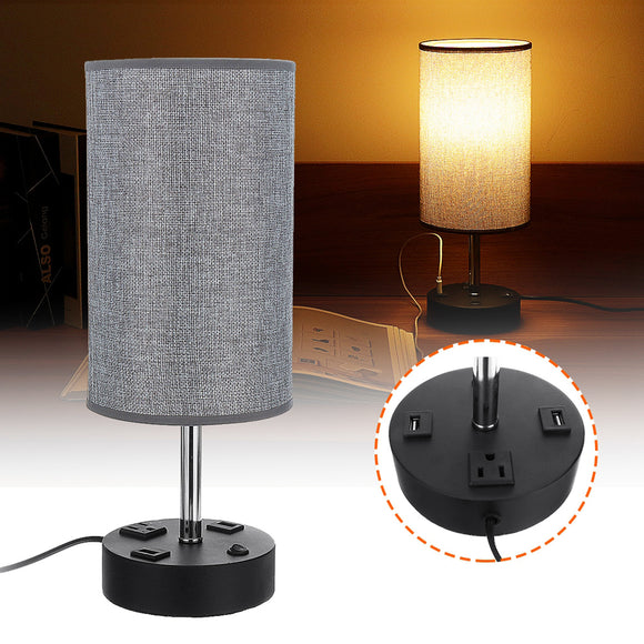 Multifutional Bedside Table Desk Lamp With Dual USB Port Outlet Fabric Shade