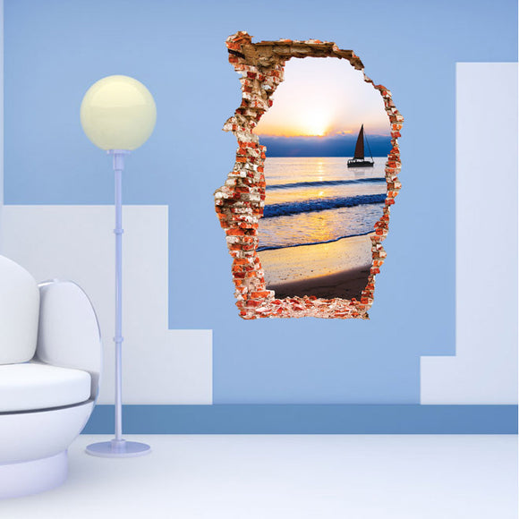 Miico Creative 3D Sea Sunset Broken Wall Removable Home Room Decorative Wall Door Decor Sticker
