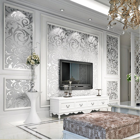 3D Silver Victorian Wall Sticker Damask Embossed Rolls Wallpaper Feature Living Room Background Decor