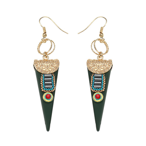 Women Bohemian Earrings Ethnic Gemstone Inlay Triangle Pendant Gold Plated Ear Drop Boho Jewelry