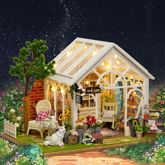 CuteRoom A-063-C Sunshine Greenhouse Flower Shop DIY Dollhouse With Music Cover Light Miniature Gift
