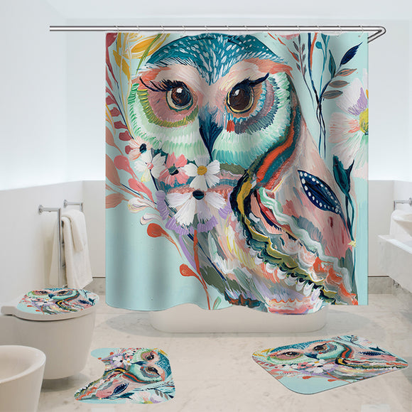 Owl Printed Shower Curtain Non-Slip Rug Three Set Bath Products Bathroom Decor