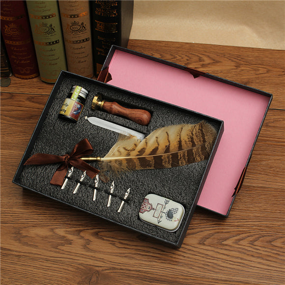 Vintage Feather Dip Pen Writing Ink Set Stationery for Home Office