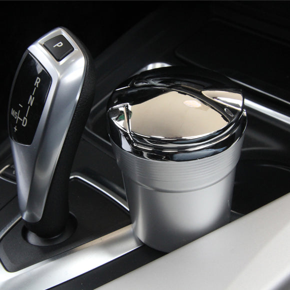 Car Travel LED Blue Light Cigarette Ashtray Portable Holder Cup Silver