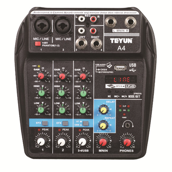 Teyun A4 4 Channel bluetooth 4.0 Audio Mixer Mixing Console Sound Card 48V Phantom Power