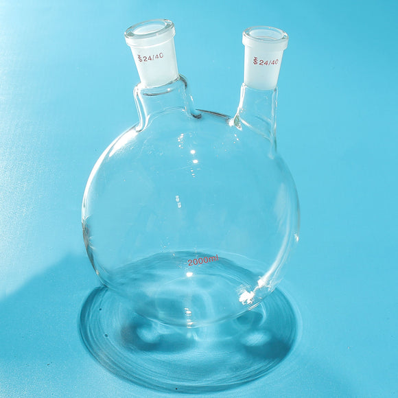 2000mL 24/40 Joint 2 Neck Round Bottom Glass Flask Double Neck Lab Chemistry Boiling Bottle