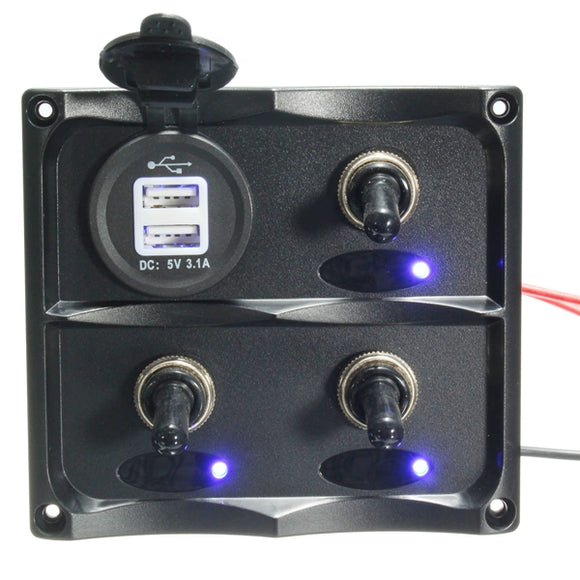 12V-24V 3 Gang LED Toggle Switch Panel & USB Socket Charger For Caravan Boat Marine
