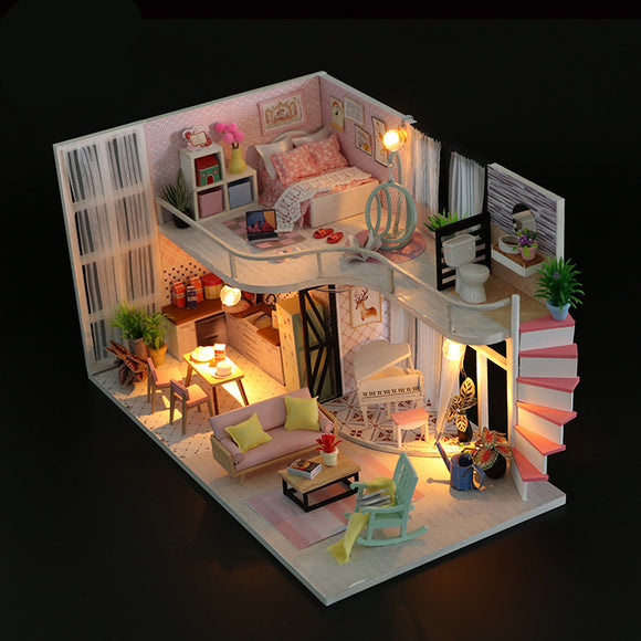 Hoomeda M035 DIY Doll House Anna's Pink Melody With Cover Music Movement 28cm Gift Decor Toys