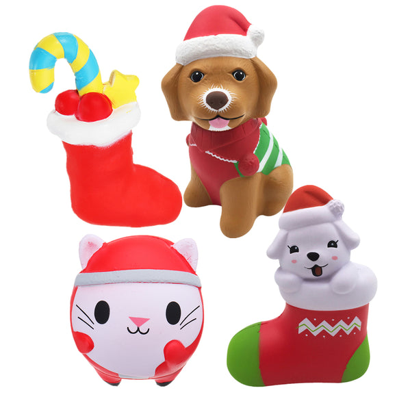 4PCS Christmas Gift Squishy Sock Puppy Dog Christmas Sock Smile Cat Doll Jumbo Toys