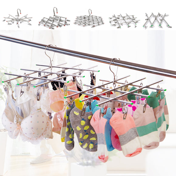 10-35Clips Foldable Cloth Hanger Outdoor Travel Home Underwear Sock Laundry Rack Stainless Steel