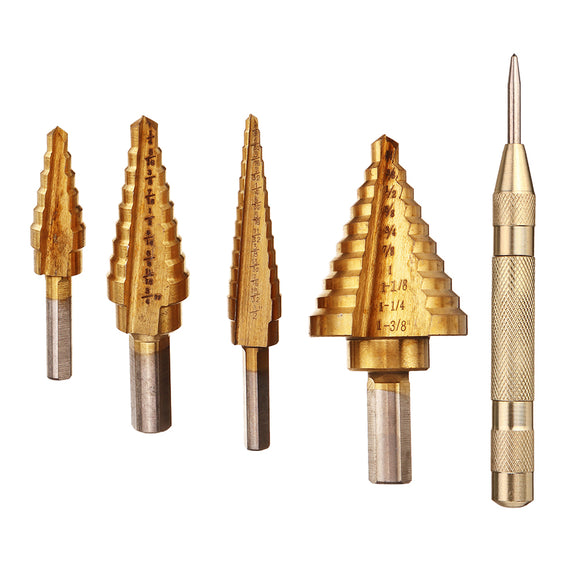 Drillpro 4pcs HSS Titanium Coated Step Drill Bits with 1pc Center Punch Hole Cutter Drilling Tool