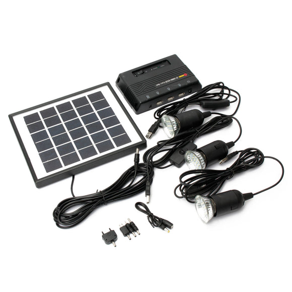 4W 6V Solar Panel + 3x LED Light USB Charger + Power Bank Home Garden System Kit