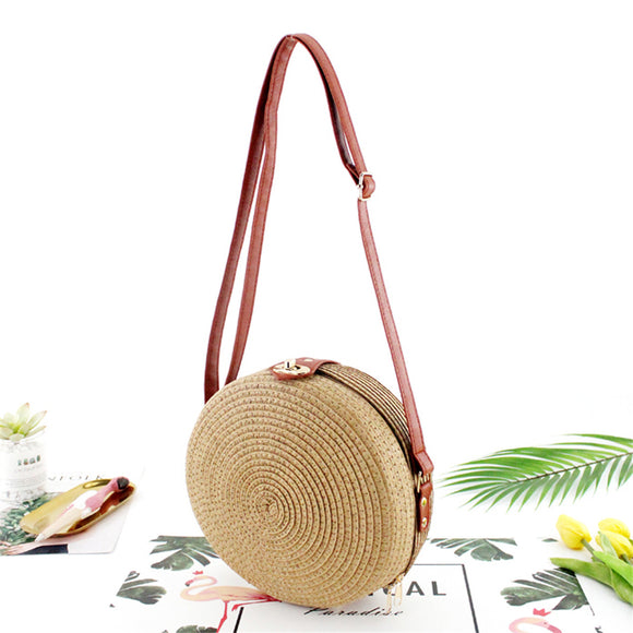 Women Ladies Rattan Straw Beach Shoulder Bag Round Woven Summer Holiday Tote Handbag Outdoor Travel