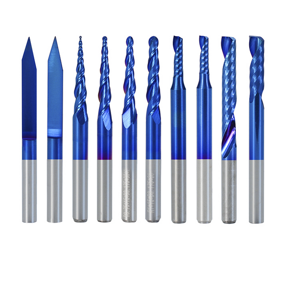 Drillpro 10 Pcs Blue Nano Solid Carbide Engraving Bit 3.175mm Shank Ball Nose with Single Flute Spiral and Flat Bottom CNC End Mill Woodworking Router Bit Wood Milling Cutter