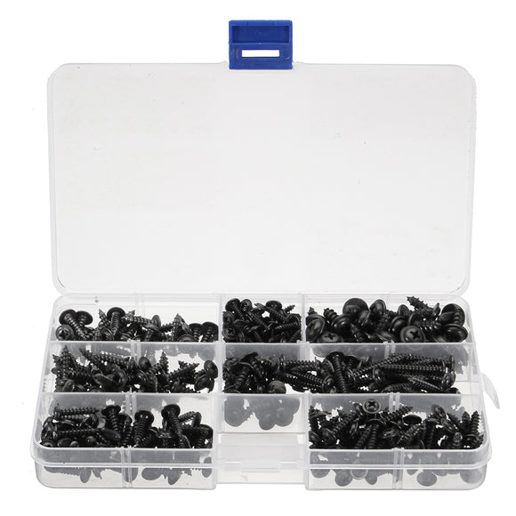 340Pcs Carbon Steel Phillips Wafer Head Flange Self Tapping Screw Black Assortment Kit
