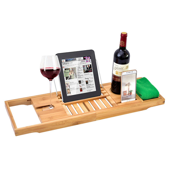 Luxury Adjustable Bathtub Rack Bamboo Caddy Shelf Shower Tub Tray OverBook Towel Wine Holder Support