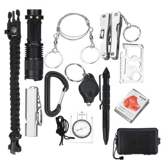 13Pcs SOS Emergency Camping Survival Flashlight Bracelet Whistle Branket First Aid Kit Set