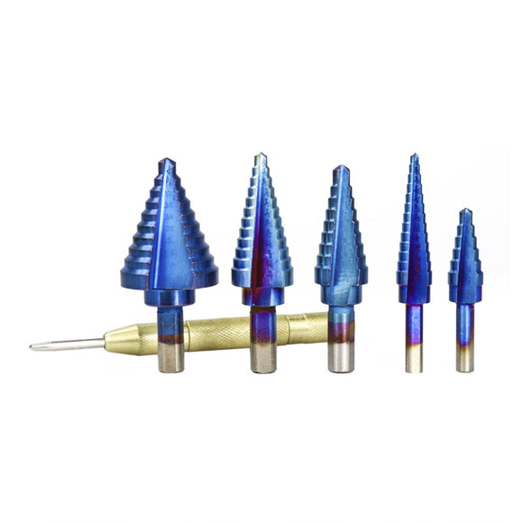 5pcs HSS Straight Flute Step Drill Bit Nano Blue Coated Wood Metal Hole Cutter with Center Punch