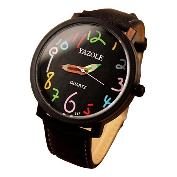 YAZOLE 347 Fashion Leather Strap Women Quartz Watch Casual Colorful Number Pencil Pointer Watch