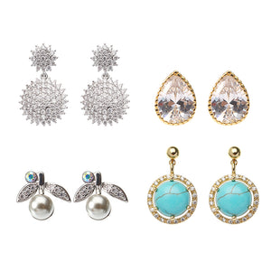 JASSY 4 Pairs Earrings Luxury Gold Platinum Plated Turquoise Flower Zircon Drop Women Jewelry