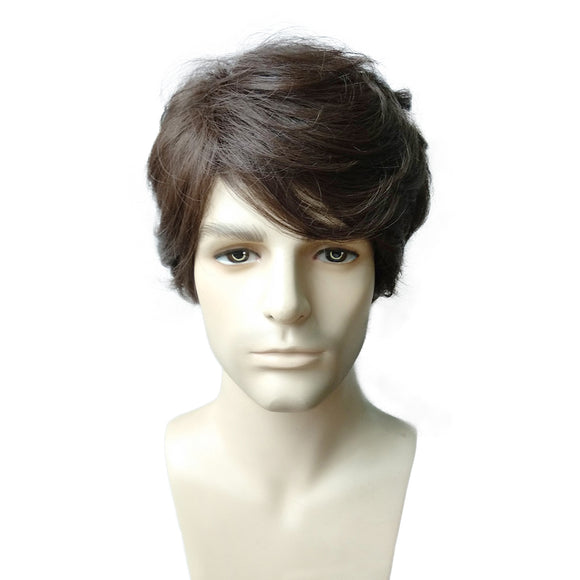 Brown Men Hair Wig Fluffy Medium Synthetic Hair